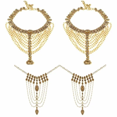 £28.52 • Buy Indian Womens Gold Plated White Pearl Anklet With Hath Phool Ring Bracelet