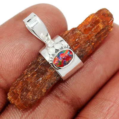 Natural Orange Kyanite Rough & Fire Opal 925 Silver Pendant KS32 CP40374 • $15.99