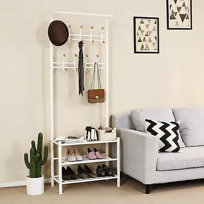 Metal Hall Porch Coat Hat Garment Stand Organiser Clothes Hanger Shoe Rack Rail • £58.99