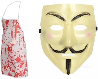 Yellow Anonymous V For Vendetta Hacker Mask & Bloody Apron Halloween Fancy Dress • £6.99