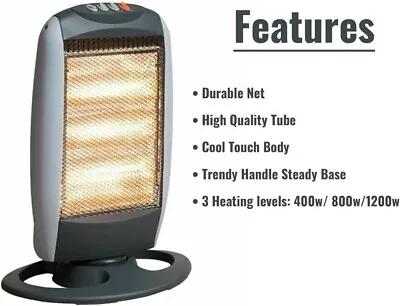 1200W Halogen Heater Instant Heat Tip-Over Safety 3 Settings Home Office Garage • £26.49