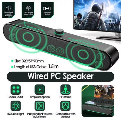 Wired PC Speakers LED Computer Stereo Speaker USB Powered For Desktop PC Laptop • £15.99