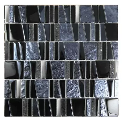 Kappa Quartz Black Mosaic Glass Metal Marble Tile Modern Bathroom Backsplash • $34.16