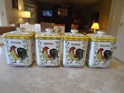 Set Of 4 Early Provincial Rooster And Roses Spice Jars Pepper Cloves Nutmeg Cinn • $39.99