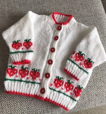 NEW WHITE STRAWBERRY BABY GIRL CARDIGAN 6-12 Months Hand Knitted • £12.99