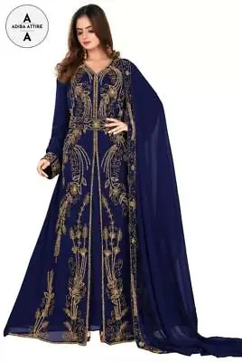 Royal Blue Wedding Dress Dubai Fancy Festive Kaftan Farasha Moroccan Georgette • $53.06