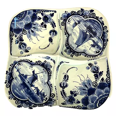 1930's Delft 4 Section Segmented Plate 8 1/2  Square Numbered Holland Windmill • $24.99