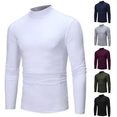 Mens High Neck Cotton Tops Polo Long Sleeve Baselayer Turtle Neck Jumper T-Shirt • £12.89