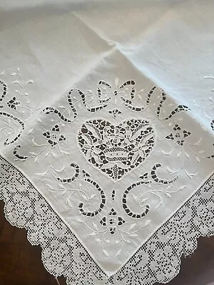 Italian Needle Lace Inserts & Embroidered Tablecloth White  35  Squa - Exquisite • $70