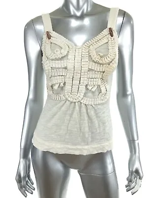 C.Keer XS Jersey Knit Tank Top Cream Ivory Pleated Design Bead Accents Casual • $11.39