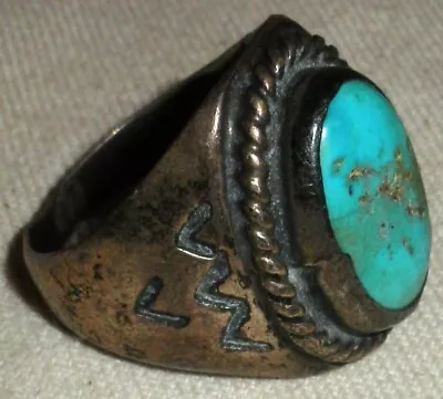 VINTAGE NAVAJO TURQUOISE STERLING SILVER RING GREAT STAMPWORK SIZE 11 Vafo • $49.99