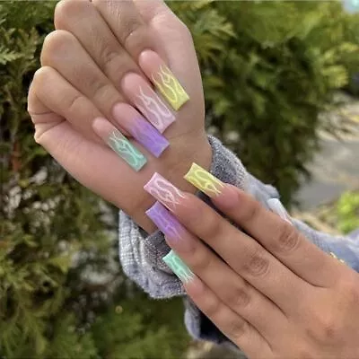 Pattern Gradient Crushed Crystal Fake Nails Ballerina Long French Flame Rainbow • $7.92