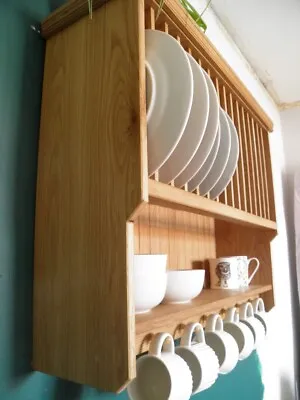Hand Crafted Reclaimed Rustic Oak Wall Mounted Plate Rack 16 Plate + Shelf+6 Cup • £254.99