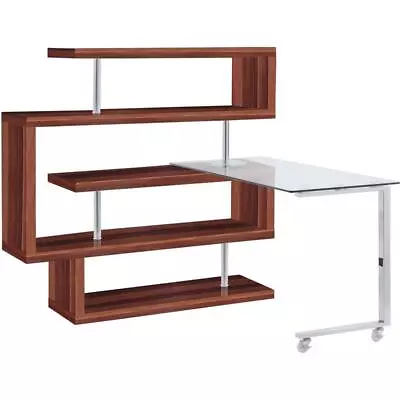 ACME Buck II Glass Top Writing Desk In Chrome And Walnut High Gloss • $869.80