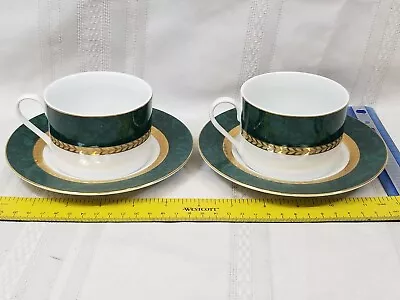 2 Retroneu Imperial Malachite Gold Trim Green Border Tea Cup And Saucer • $15.40