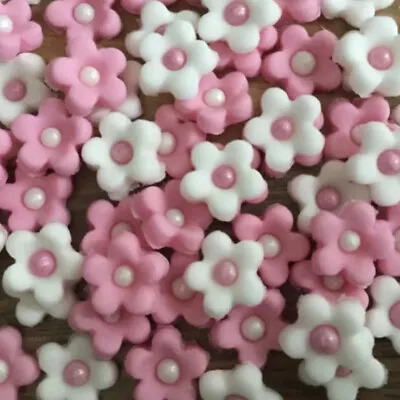 100 Edible Pink & White Flowers  Fondant Sugar Cupcake Toppers Cake Decorations • £7.99