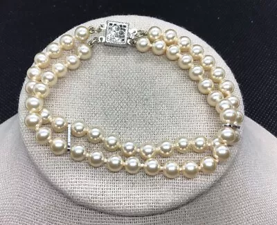 Vintage Sterling 925 2 Strand Cream Colored Genuine Pearl Bracelet 7  Y140 • $24.99