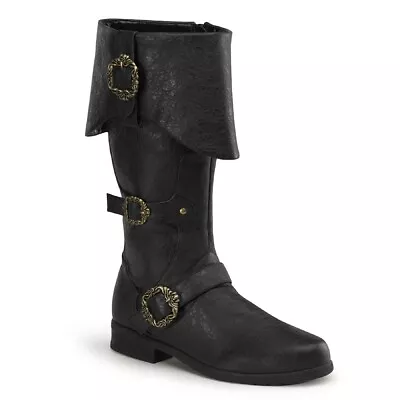 Men's Black Vegan Leather Cuffed Pirate Boot With Buckles - Size 10/11 • $70