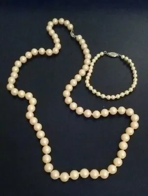 Vintage Hand Strung Ivory Faux Pearl Necklace & Pearl Bracelet Set • $5.49