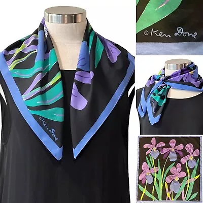 KEN DONE Vintage 1980s Black/Blue/Purple Tropical Flowers Scarf 60x60cm • £47.29