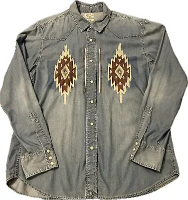 Vintage Lucky Brand Embroidered Western Shirt Pre-Owned Large Blue/Multi • $50