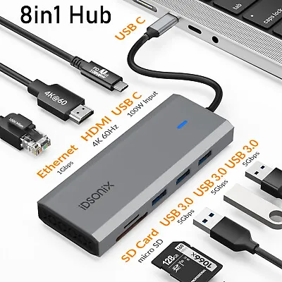 HUB Adapter 8- In -1 Multiport Reader 4K HDMI Type-C For MacBook Pro USB 3.0 • £19.99