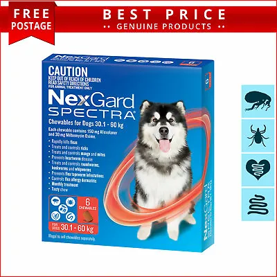 NEXGARD SPECTRA 30.1 To 60 Kg RED Heartworm Flea Treatment 6 Doses For Dogs • $113.93