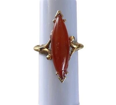 $19.80 • Buy Vintage 70s Avon Carnelian Glass Navette Cabochon Gold Tone Ring Sz 7 Adjustable