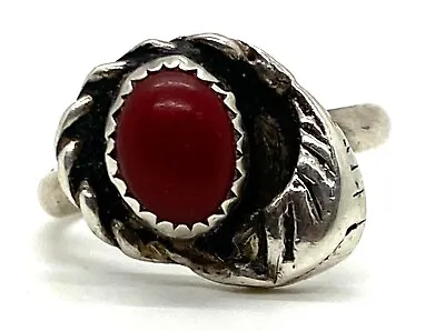 Red Coral Leaf Old Pawn Native Sterling Silver 925 Ring Size 5 • $24