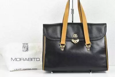 Authentic MORABITO Tote Shoulder Bag Black Gold Leather Logo Women Used JPN • $103.50