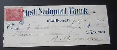 Old 1898 - MIDDLEBURG PA. - Bank Check Document - Documentary Stamp • $7.99