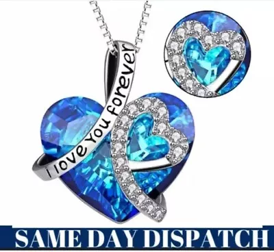 To My Wife Ocean Blue I Love You Forever Crystal Heart Women Pendant Necklace • £5.88