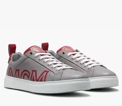 MCM Men's Low-Top Logo Sneakers In Rubberized Leather Size 9 Gray/Red 👍 • $91