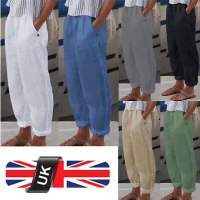 Ladies Plus Size Cotton Linen Casual Long Pants Solid Straight Trousers Womens • £10.98
