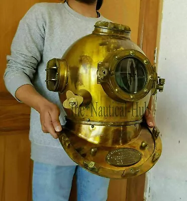 Vintage 18  Diving Helmet UK Navy Mark V Brass Antique Divers Helmet W Wood Base • $185