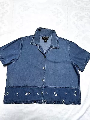 Vintage  EXCITATION EMBROIDERED FLORAL Blue Denim Western  Cowboy Shirt  Size XL • $17.88