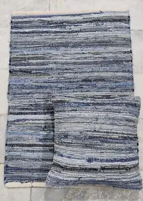 Samundra Denim Chindi Rag Rug And Matching Cushion Cover • £8.99