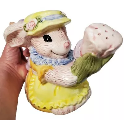 Bunny Rabbit Ceramic Watering Pitcher Wearing Bonnet Holding Bouquet • $18.97