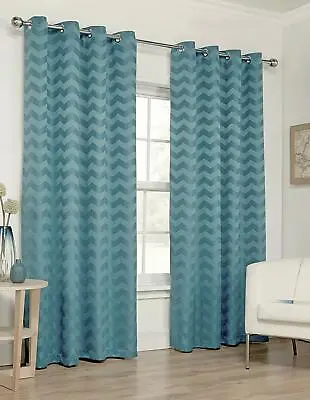 ZIG ZAG KINGFISHER TEAL 90 X 90 RING TOP EYELET FULLY LINED READY MADE CURTAINS  • £36.99