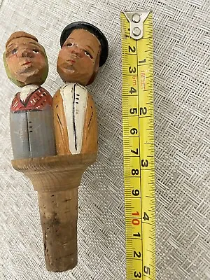 Vintage ANRI Carved Wood Kissing Couple Bottle Stopper Wine Cork Mechanical Bar • $19