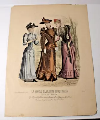1891 Antique French Hand Colored LA MODE ELEGANTE ILLUSTRADA Fashion Print (7) • $18