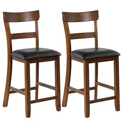 Set Of 2 Barstools Counter Height Chairs W/Leather Seat & Rubber Wood Legs • $138.99