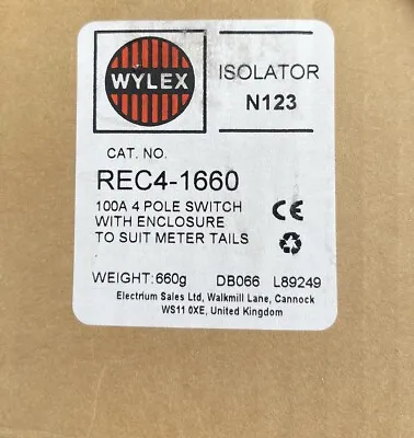 Wylex Isolator 100A 4 Pole Switch To Suit Metre Tails - REC4-1660 3 PHASE N123 • £18.99