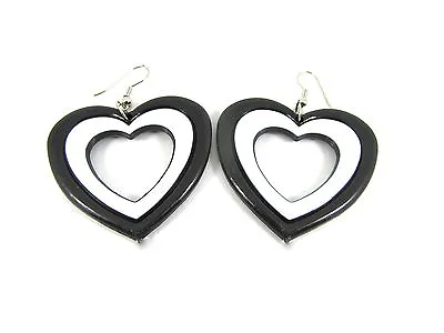 Black & White Heart Earrings Shape Retro Hoop 70's 80's Drop Dangle Large • £3.68