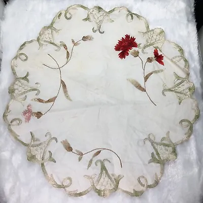Antique Society Silk Embroidered Scalloped Edge Carnation Flowers Floral Doily • $34