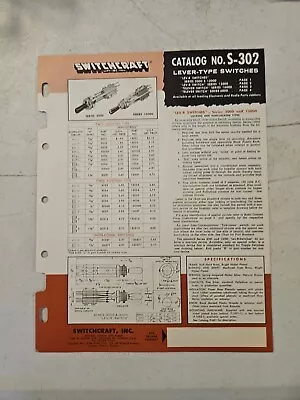 Vintage 1960's Switchcraft Inc. Lever Type Switches Catalog S-302 • $6.36