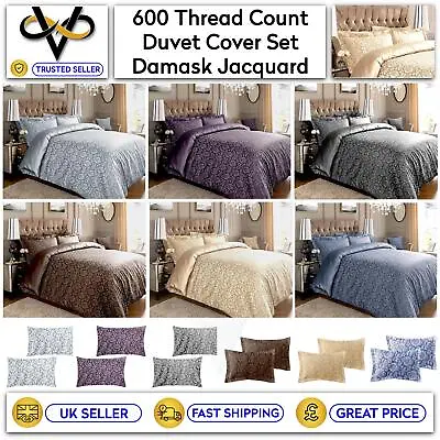 600TC Jacquard Damask Duvet Cover Sets Cotton Rich Extra Pillowcases • £5.99