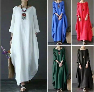 Ladies 3/4 Sleeve Long Dress Womens Casual Kaftan Maxi Sundress Plain Plus Size • $22.99