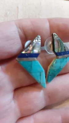 Native American Santo Domingo Triangle Turquoise Abalone Inlay Stud Earrings • £45