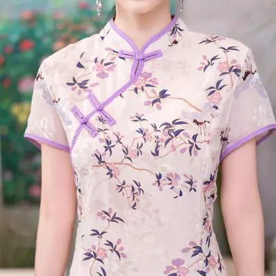 Women Cheongsam Chiffon Qipao Dress Midi A-line Floral Frog Button Short Sleeve • $58.45